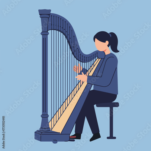 Woman sits playing a blue harp, side view, on a light blue background