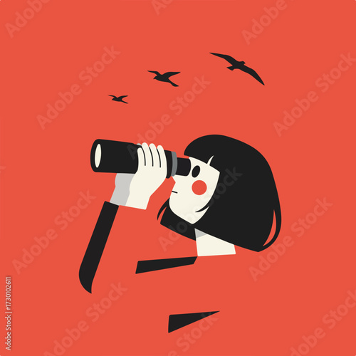 Woman peers through spyglass as birds fly by on a vibrant red background