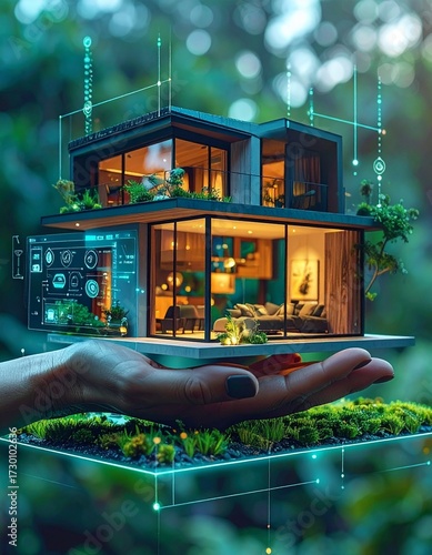 Innovative Smart House Design in a Hand – Futuristic Architectural Model with Digital Interface and Modern Interior