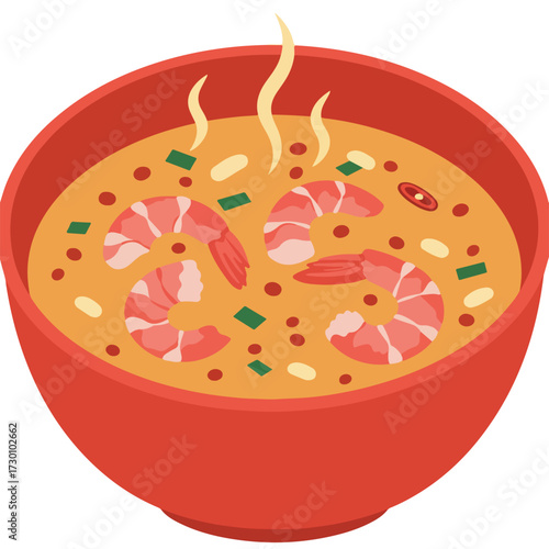 Steaming shrimp soup in a red bowl