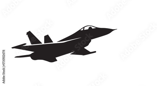 Vector silhouette illustration of a fighter jet aircraft, designed in black and white style with strong black outline, emphasizing speed, power, and precision.
