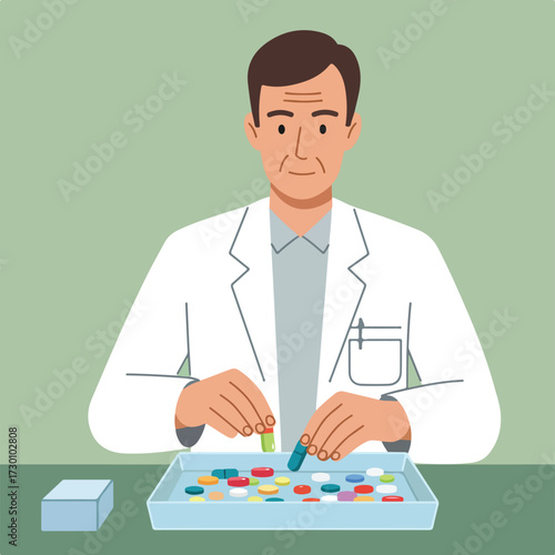 Pharmacist sorting pills in a tray on a light green background