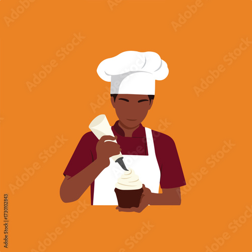 Flat illustration chef frosts cupcake, orange background