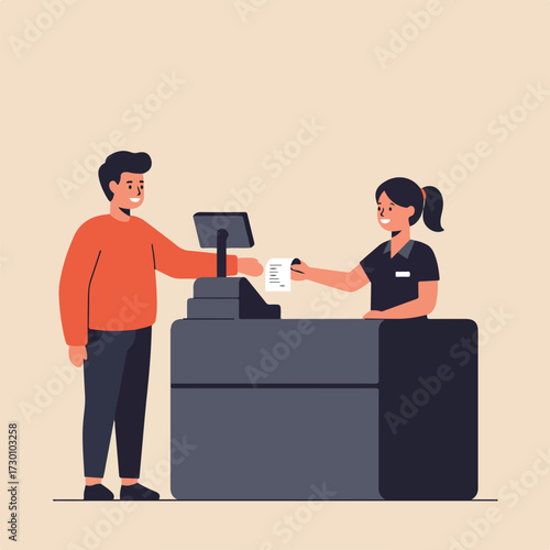 Cashier gives receipt to customer near point of sale system