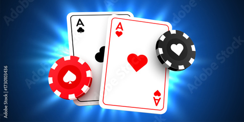 Poker card with casino chips. Casino banner. Vector illustration