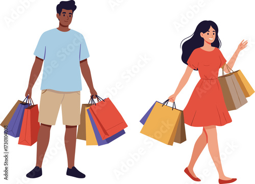 Shopping, sale, bags, red dress, blue shirt, waving, casual clothing, couple, walk, cheerful, consumerism