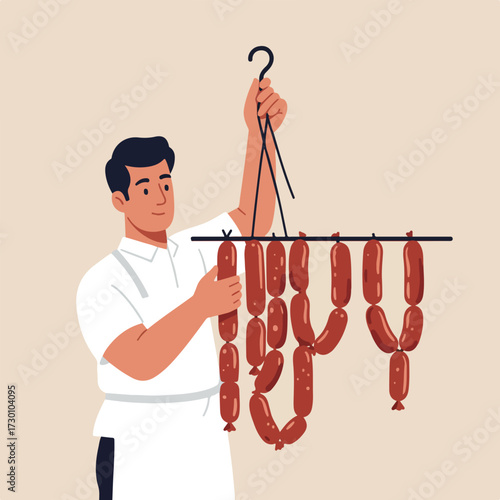 Butcher holding rack of sausages