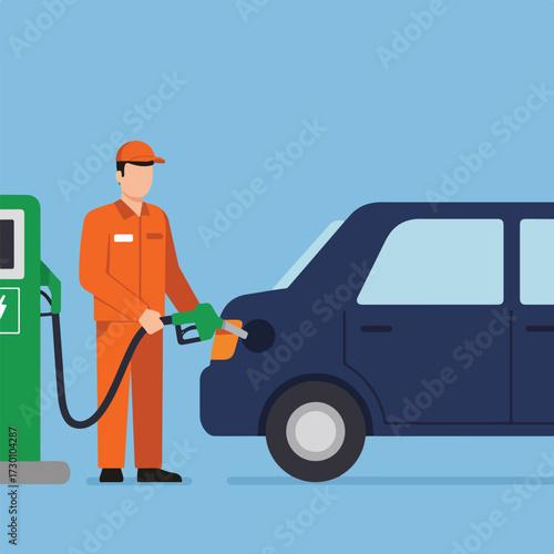Gas station attendant filling a dark blue car, light blue background