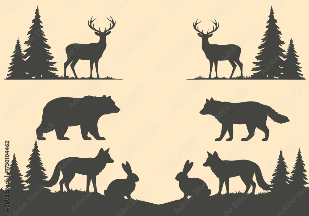 Fototapeta premium Silhouette Collection of Wild Animals in Nature Deer, Bear, Wolf, Fox, and Rabbit with Trees.