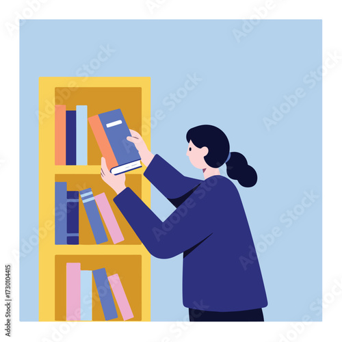 Person selecting book from yellow bookcase, stylized and simple