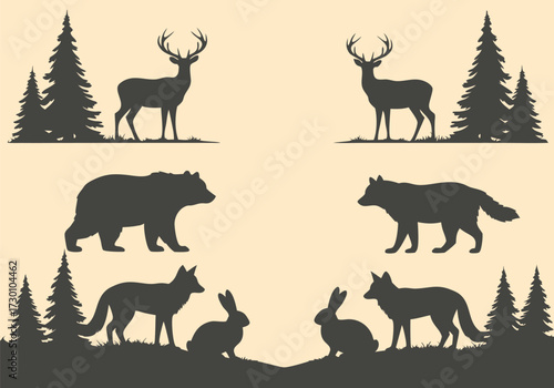 Silhouette Collection of Wild Animals in Nature Deer, Bear, Wolf, Fox, and Rabbit with Trees.
