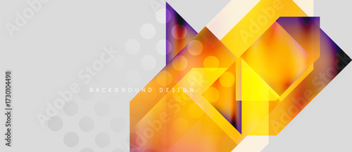 Abstract geometric design. Vibrant orange, yellow gradients dominate. Subtle gray dots provide background texture. Modern, dynamic composition.