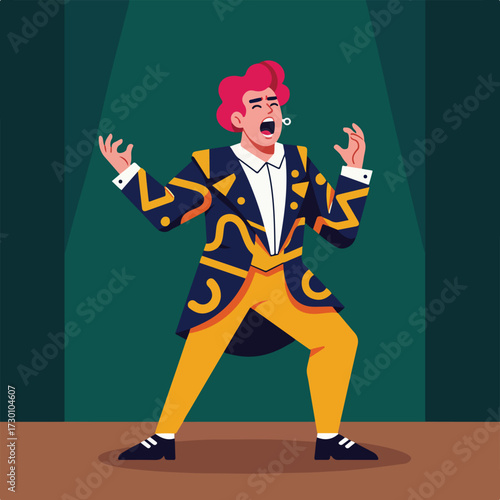 Man with red hair, singing on stage in yellow suit with black trim