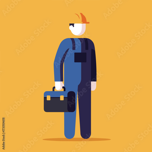 Geometric figure of worker in overalls with briefcase on solid color background