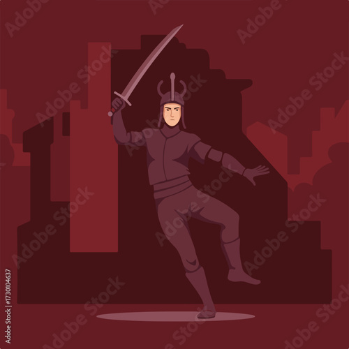 Flat graphic of a medieval swordsman posing in a cityscape, monochrome red