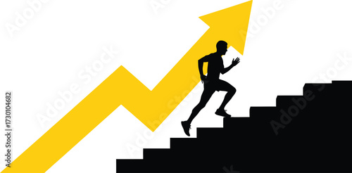 Silhouette of person running up stairs towards upward arrow, symbolizing progress and achievement