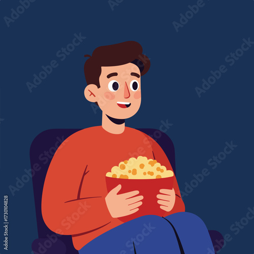 Flat illustration of a man sitting in a chair and holding popcorn