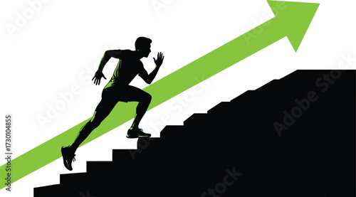 Man running up stairs towards upward arrow, symbolizing progress and achievement, isolated on white background