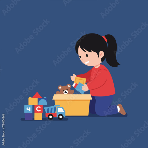Girl putting toys in box, including blocks, a truck and a teddy bear