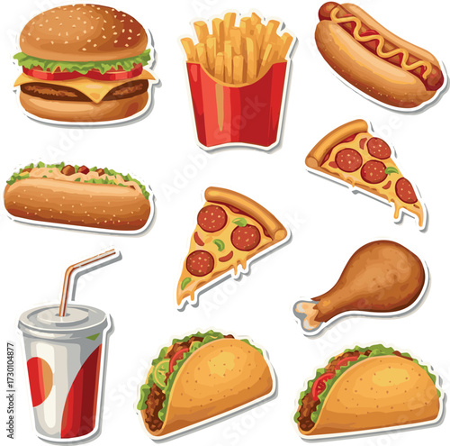  Fast Food Items Set Of Realistic Design Vector Stickers Isolated On White Background. 