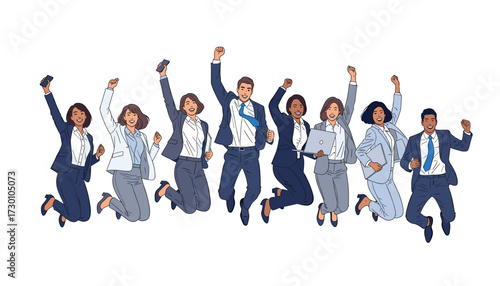 Vector art of a diverse group of business professionals jumping in the air with excitement 