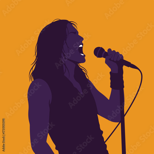Vocalist silhouette singing into microphone on orange background