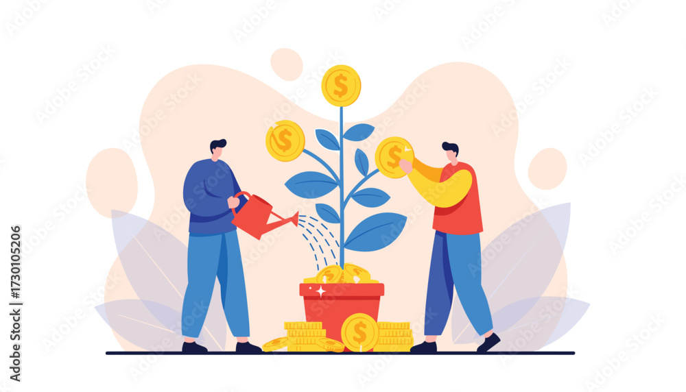 Fototapeta premium Vector art of two people watering and harvesting a money tree, symbolizing investment growth and financial success 