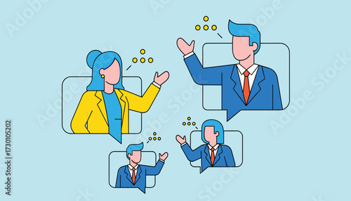 Vector art of diverse team collaborating remotely through video conference calls, discussing ideas and projects 