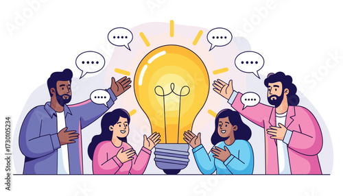 Vector art of diverse group of people collaborating around a glowing light bulb, symbolizing teamwork and innovative ideas 