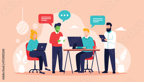 Vector art of diverse team of professionals collaborating in a modern office setting, discussing ideas and projects with speech bubbles indicating communication and teamwork 