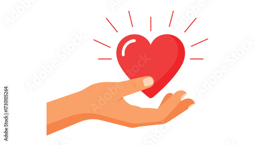 Vector art of a hand holding a glowing red heart, symbolizing love, care, and charity 