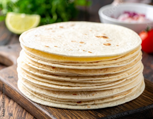 Homemade white corn tortillas stacked in a pile