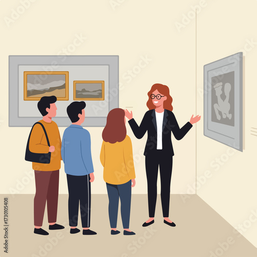 Group of people touring an art museum with a docent giving a tour