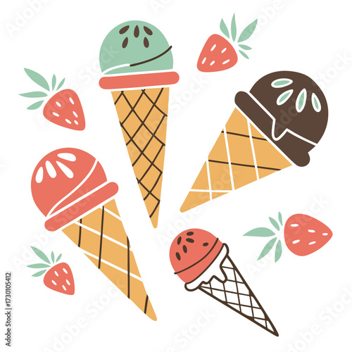 Four ice cream cones and strawberries