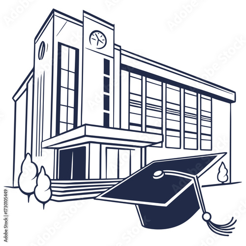 Illustration of a classic school building with a graduation cap in front