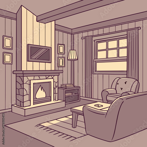 Illustration of a cozy living room with fireplace and furniture in warm tones