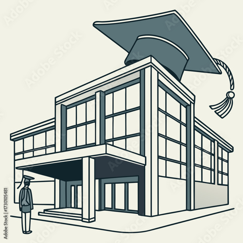 Illustration of a modern school building with a graduation cap on top