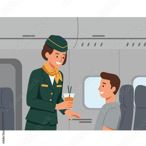 Flight attendant serving beverage to passenger on airplane