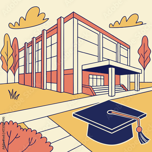 Illustration of a modern school building with a graduation cap in the yard