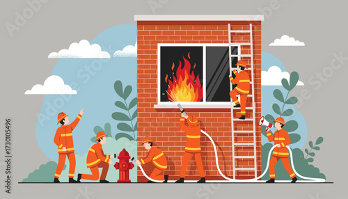 Vector art of firefighters bravely battle a house fire, using hoses and ladders to extinguish flames, showcasing teamwork and emergency response in a dangerous situation 
