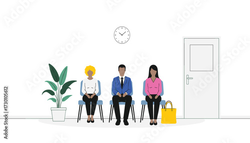 Vector art of three diverse people sitting in chairs in a waiting room