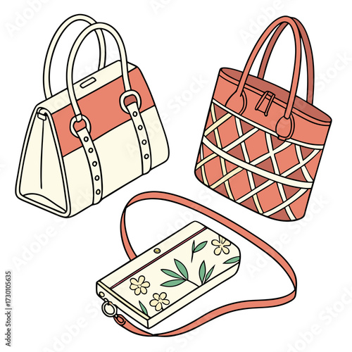 Illustration of three stylish handbags, fashionable accessories