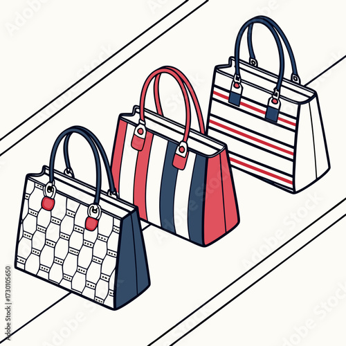 Illustration of three fashionable handbags, stylish accessories