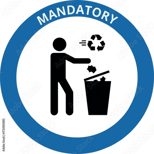 Use litter bin sign. Vector illustration , mandatory sign with man throwing rubbish in bin. Throwing trash symbol. Keep clean in public place concept. Trash can garbage. Recycling icon.