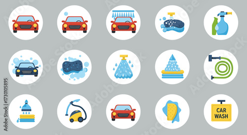 A grid of 15 circular icons illustrating various car wash tools and processes