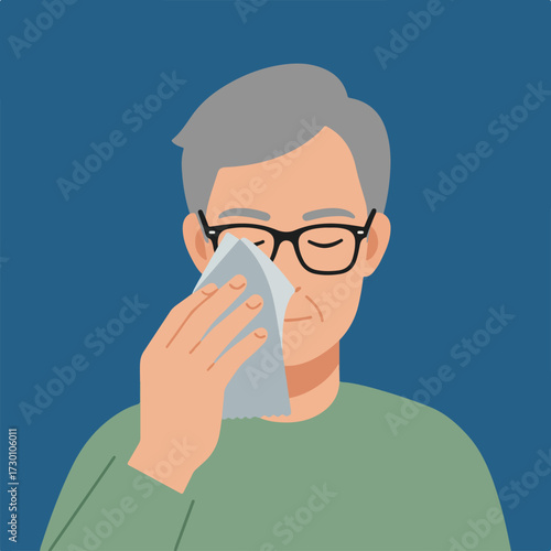 Man with glasses wipes nose with tissue on a blue background