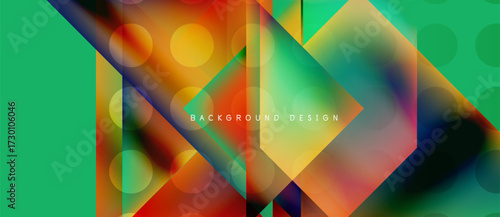Abstract geometric design. Vibrant colors blend, creating dynamic composition. Circles overlap angled shapes, modern aesthetic.