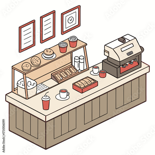 Isometric view of a cafe counter with pastries