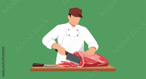 Chef cutting large cut of meat with cleaver on wooden board, green background