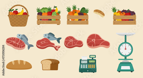 Assortment of groceries and market equipment displayed on a beige background